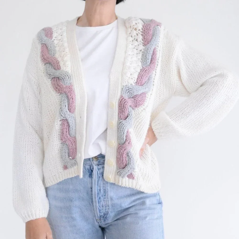 Vintage Hunters Run Cream, Purple & Blue Button Up Knit Cardigan L - Picture 2 of 12